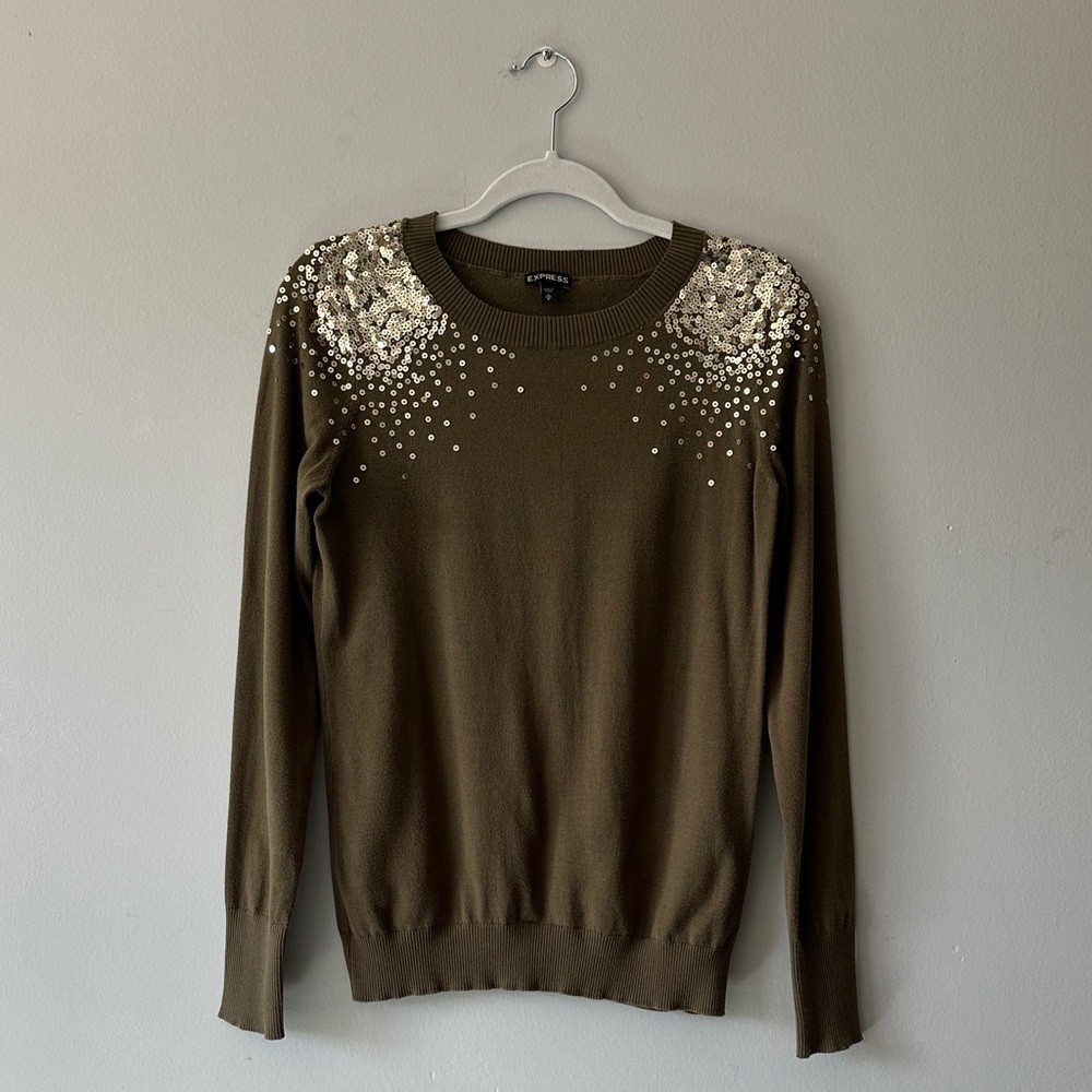 Express Olive Sweater with Gold Sequin Shoulders
